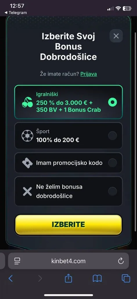 Kinbet mobilni zaslon 2